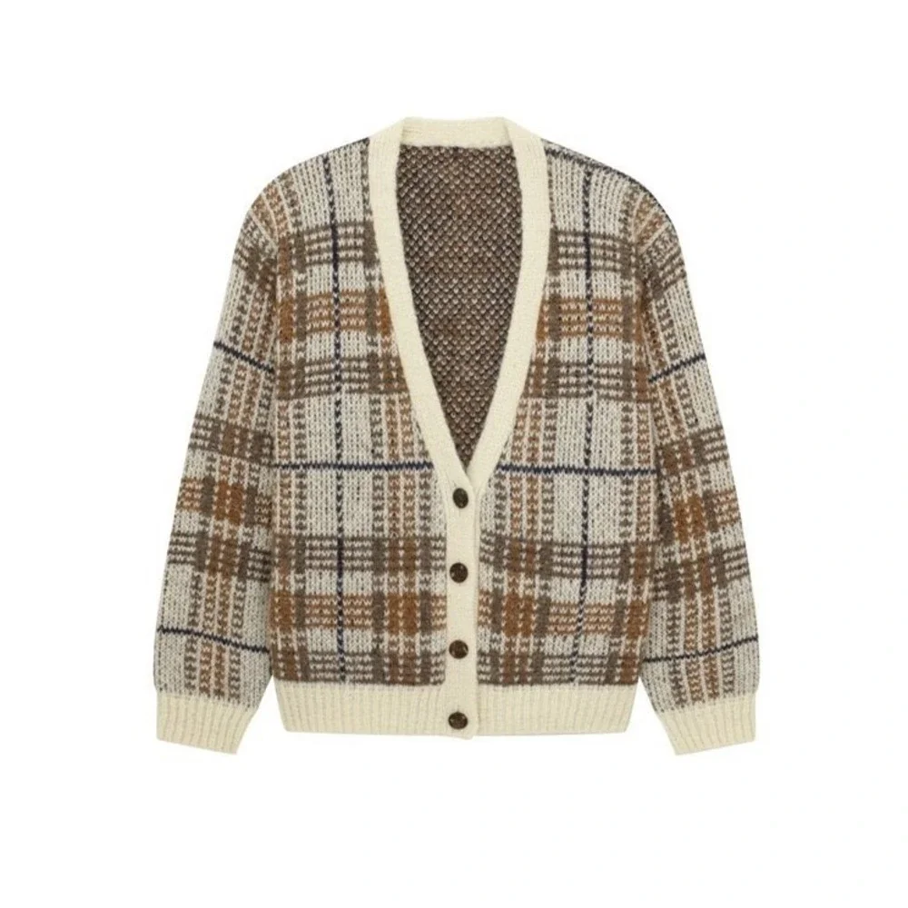 THE GREAT. | Estate Reversible Cardigan 3/Large Toasted Plaid Alpaca Wool Blend - Picture 7 of 15